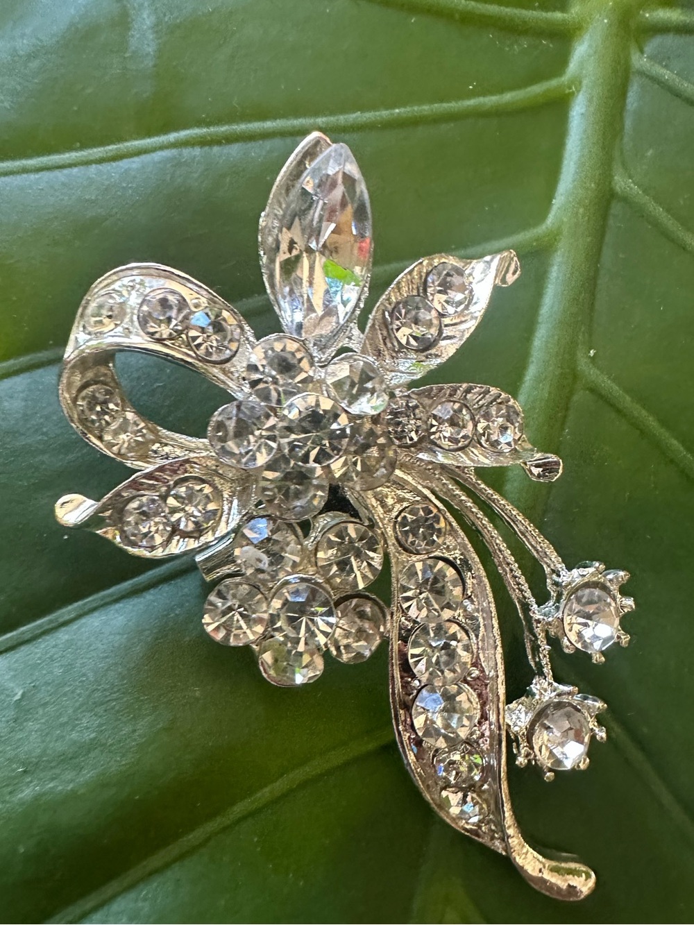 Crystal Floral Rhinestone Brooch - Silver Tone